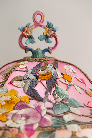 Pink Chinoiserie Victorian Lampshade with Antique Chinese Embroidery