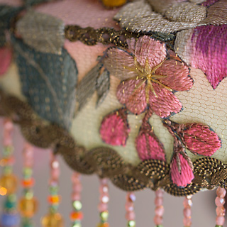 Detail of Pink Chinoiserie Victorian Lampshade with Antique Chinese Embroidery