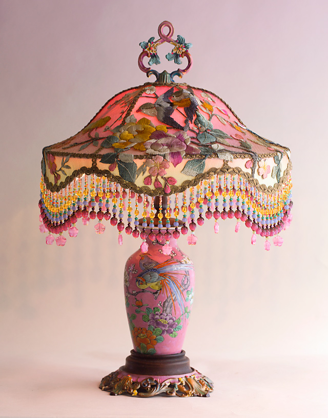 Pink Chinoiserie Victorian Lampshade with Antique Chinese Embroidery