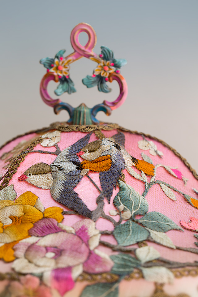 Detail of Pink Chinoiserie Victorian Lampshade with Antique Chinese Embroidery