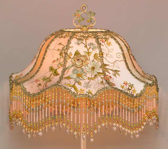 Lit Pink Victorian Lampshade with Antique English Embroidery