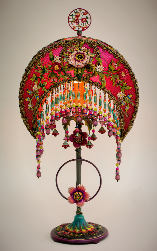 Lit Fuschia and Pink Crescent Moon Victorian Lamp and Beaded Shade