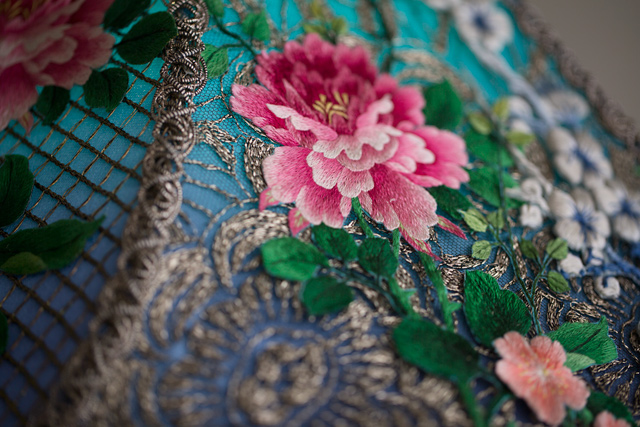 Detail of blue and white peony silk Victorian lampshade
