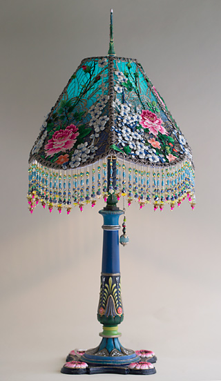 Side view of of blue and white peony silk Victorian lampshade