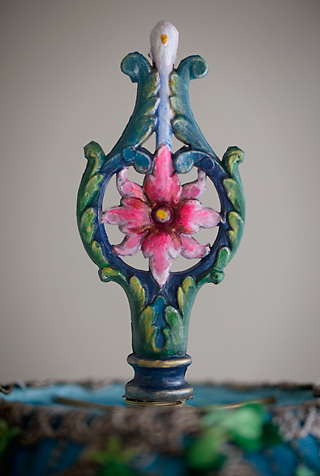 Detail of blue and white peony silk Victorian lampshade finial