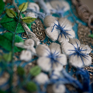 Detail of blue and white peony silk Victorian lampshade
