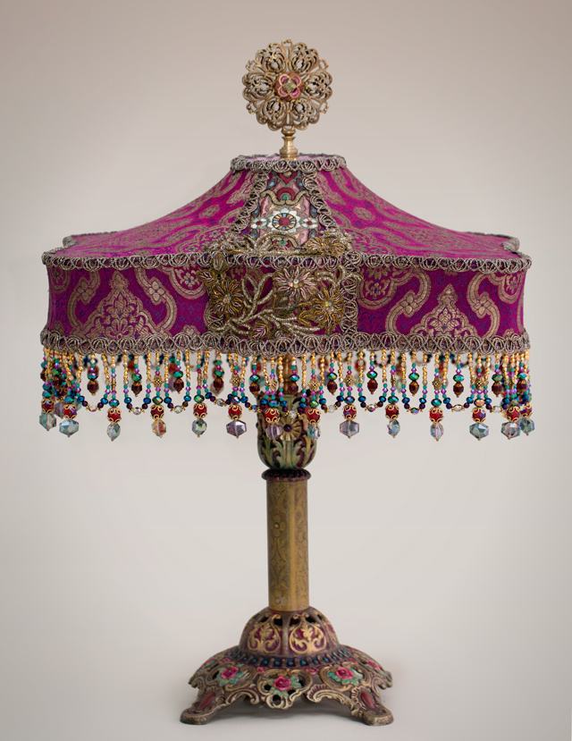 Fucshia Pink and Gold Bohemian Antique Indian Silk Victorian Lampshade