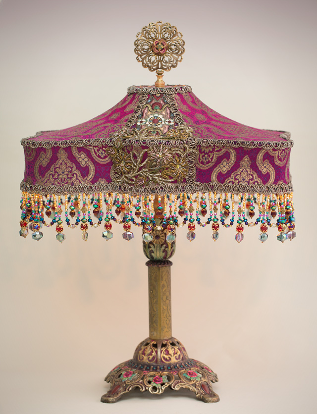 Lit  Pink and Gold Bohemian Antique Indian Silk Victorian Lampshade