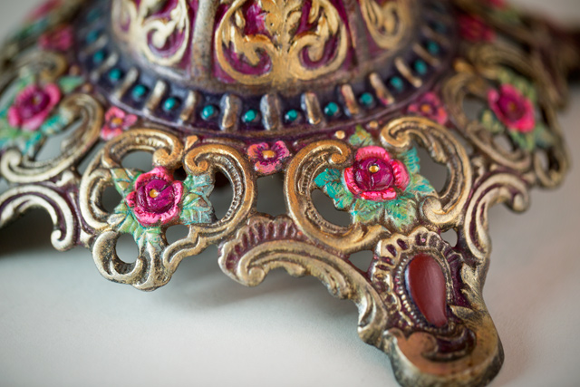 Detail of Pink and Gold Bohemian Antique Indian Silk Victorian Lampshade Base