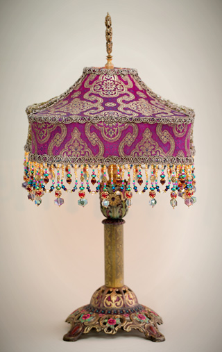 Side view of Pink and Gold Bohemian Antique Indian Silk Victorian Lampshade