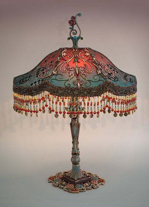 Spanish Gothic style Victorian lampshade with antique textiles