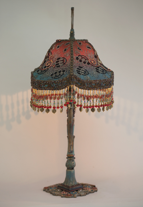 Spanish Gothic style Victorian lampshade with antique textiles