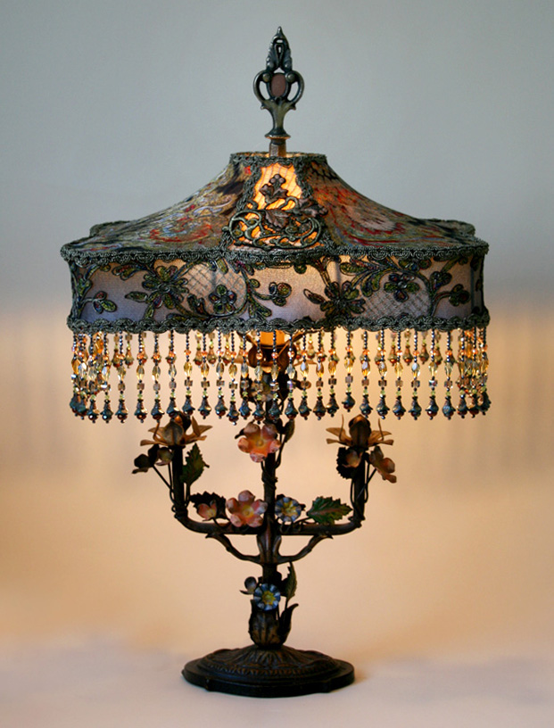 Pair of Antique Tablle Lamps with Custom Beaded Shades