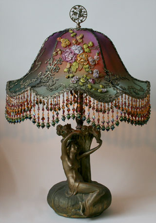 Pair of Antique Tablle Lamps with Custom Beaded Shades