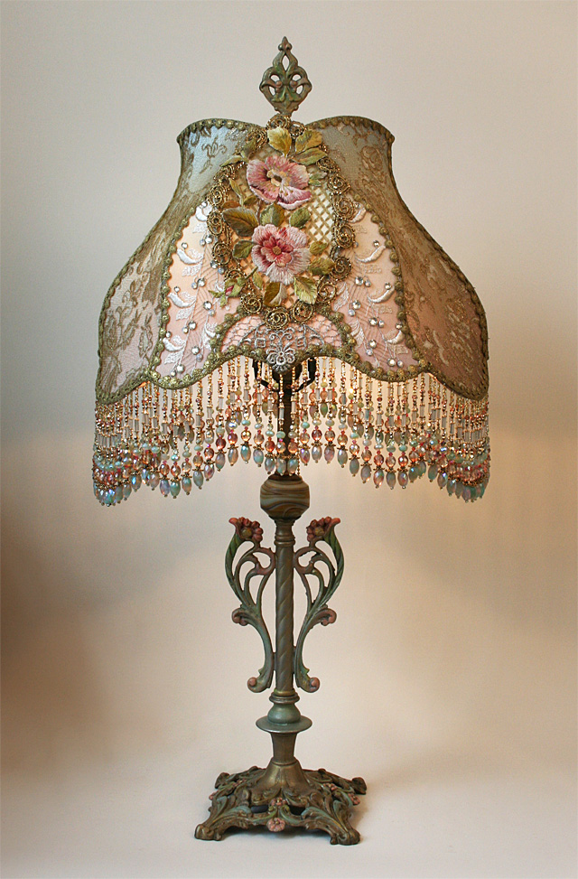 Pair of Antique Tablle Lamps with Custom Beaded Shades