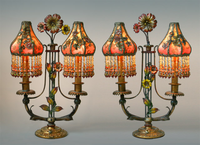 Pair of Antique Tablle Lamps with Custom Beaded Shades