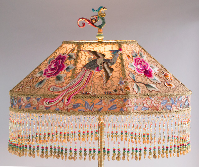 Chinoiserie Lampshade with a Phoenix made with Antique Textiles