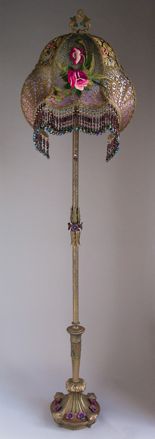Art Nouveau Floor Lamp with Gold Metallic Lace and Antique Rose Embroidery