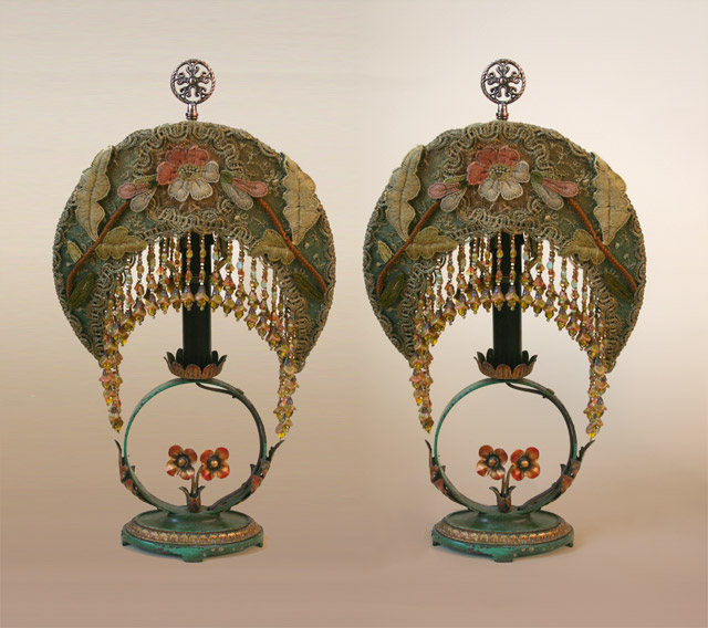 Pair of Antique Tablle Lamps with Custom Beaded Shades